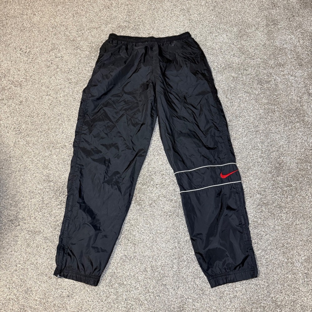 Vintage Nike Y2K Windbreaker Track Pants Mens L Black Red Swoosh Nylon Joggers